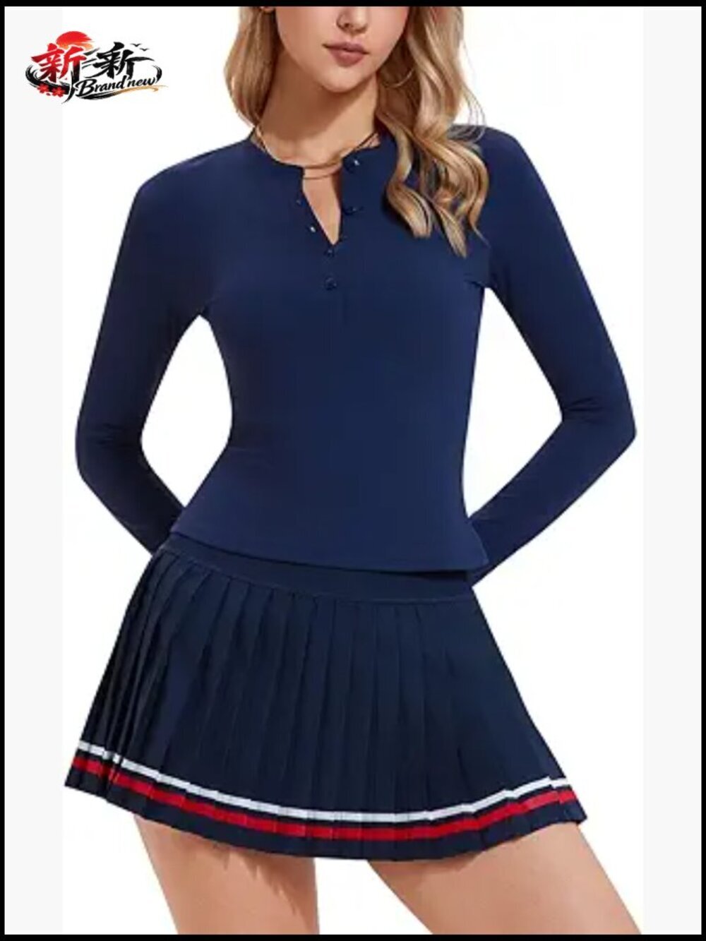 2 Piece Tennis Skirt Set Long Sleeve Henley & Pleated Skort Pickleball Outfits